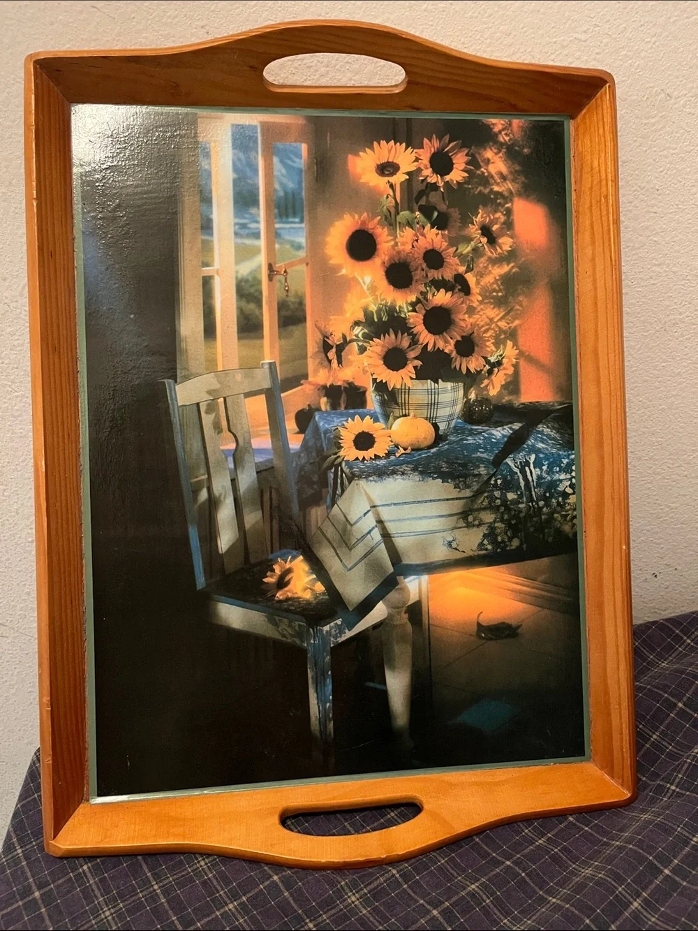 Vintage wooden serving tray Rustic Sunflower still life